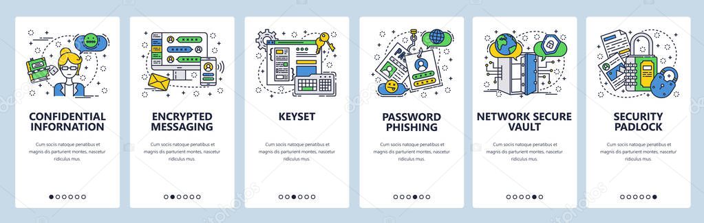 Vector web site linear art onboarding screens template. Encrypted messaging apps, hacking and cyber security. Menu banners for website and mobile app development. Modern design flat illustration.