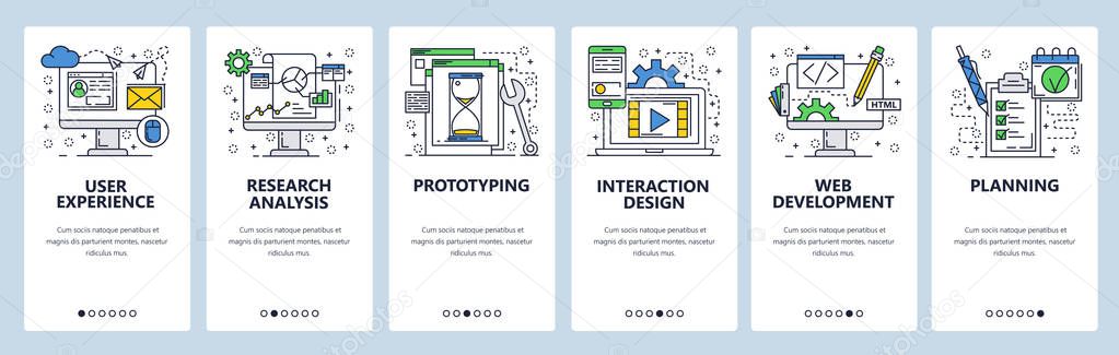 Vector web site linear art onboarding screens template. User experience, prototyping and web development. Menu banners for website and mobile app development. Modern design flat illustration.