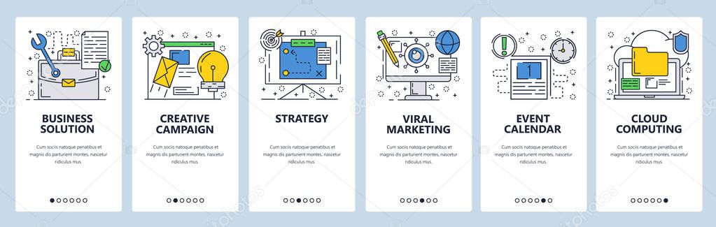 Vector web site linear art onboarding screens template. Business strategy and solutions. Menu banners for website and mobile app development. Modern design flat illustration.