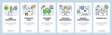 Vektör web sitesi doğrusal sanat onboarding ekranları şablonu. Business çalışma alanı, proje geliştirme ve içerik yönetimi. Menü afiş Web sitesi ve mobil uygulama geliştirme için. Modern tasarım düz