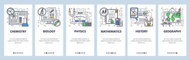 Vektör web sitesi doğrusal sanat onboarding ekranları şablonu. Derslerde eğitim, kimya, matematik, fizik, biyoloji, tarih, coğrafya. Menü afiş Web sitesi ve mobil uygulama geliştirme için. Modern