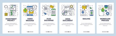 Vektör web sitesi doğrusal sanat onboarding ekranları şablonu. Dosyaları exchange ve video messageing. İşletme iş, yatırım ve yasal belgeler. Menü afiş Web sitesi ve mobil uygulama geliştirme için