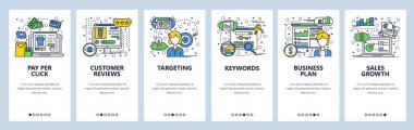 Vektör web sitesi doğrusal sanat onboarding ekranları şablonu. Dijital pazarlama ve halkla ilişkiler. Tıklayın reklam ödeme. Menü afiş Web sitesi ve mobil uygulama geliştirme için. Modern tasarım düz