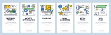Vektör web sitesi doğrusal sanat onboarding ekranları şablonu. E-posta pazarlama, müşteri sohbet yoluyla destek, Web sitesi optimizasyonu ve geliştirme. Menü afiş Web sitesi ve mobil uygulama geliştirme için. Modern tasarım