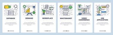 Vektör web sitesi doğrusal sanat onboarding ekranları şablonu. İş bilgisayar masası, eğe parça ve video konferans. Veritabanı depolama, satış ve talep mali sunu. Menü afiş Web sitesi için