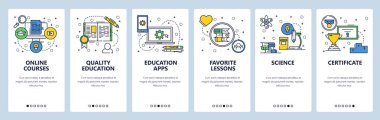 Vektör web sitesi doğrusal sanat onboarding ekranları şablonu. Online Kurslar ve eğitim. Bilim, mezuniyet belgesi. Menü afiş Web sitesi ve mobil uygulama geliştirme için. Modern tasarım düz