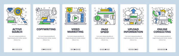 Vector web site linear art onboarding screens template. Video marketing, upload files and online customer service. Menu banners for website and mobile app development. Modern design flat illustration.