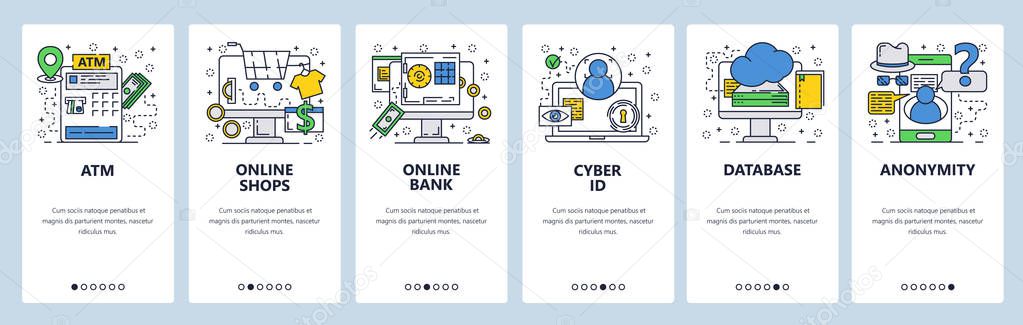 Vector web site linear art onboarding screens template. Atm, online banking and shopping, cyber ID and anonymity. Menu banners for website and mobile app development. Modern design flat illustration.