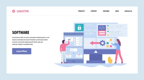 Vektor színátmenetes téma webhelysablonra. Szoftverfejlesztés és a alkalmazás kódexek. Saftware engenieer számítógépes kódot írni. Leszállás oldal weboldal és mobil fejlesztési koncepciók. Modern lakás — Stock Vector
