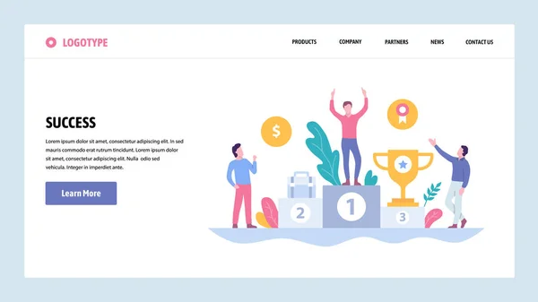 Vektor web site toning mall. Affärsframgång, vinnare på toppositionen med belöning. Landning sida begrepp för hemsida och mobil utveckling. Moderna platt illustration. — Stock vektor