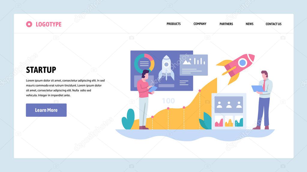 Vector web site gradient design template. Business technology sratrup. Rocket launch. Landing page concepts for website and mobile development. Modern flat illustration.