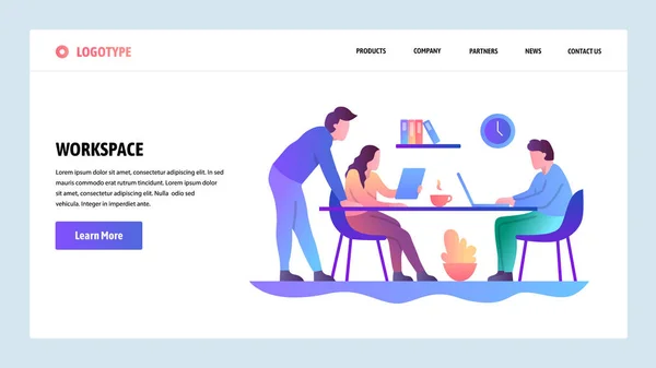 Web サイト新規登録画面。ミーティングや職場をコワーキングします。メニュー ベクター バナー テンプレート ウェブサイトやモバイル アプリケーションの開発のため。モダンなデザインの線形アート フラット イラスト. — ストックベクタ