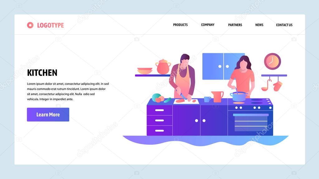 Web site onboarding screens. Happy couple cooking together at kitchen. Menu vector banner template for website and mobile app development. Modern design linear art flat illustration.