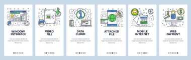 Web sitesi onboarding ekranlar. Dosya aktarımı ve indir, mobil internet ve güvenli ödeme. Menü vektör banner şablon web sitesi ve mobil uygulama geliştirme için. Modern tasarım doğrusal sanat düz