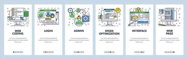 Telas de onboarding do site. Interface de codificação e login seguro. Modelo de banner vetorial de menu para site e desenvolvimento de aplicativos móveis. Design moderno arte linear ilustração plana . — Vetor de Stock