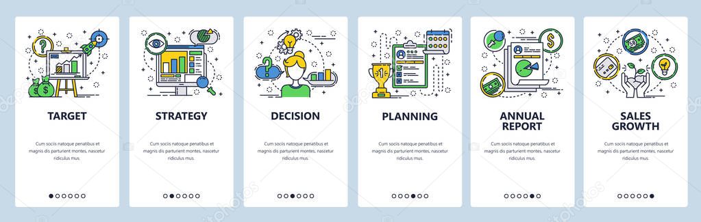 Web site onboarding screens. Company business strategy planning and financial report. Menu vector banner template for website and mobile app development. Modern design linear art flat illustration.
