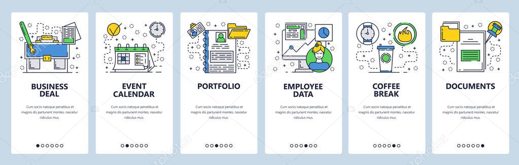 Web site onboarding screens. Bussiness and office icons set. Menu vector banner template for website and mobile app development. Modern design linear art flat illustration.