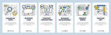 Web sitesi onboarding ekranlar. İş geliştirme, içerik üretimi ve finansal veri. Menü vektör banner şablon web sitesi ve mobil uygulama geliştirme için. Modern tasarım doğrusal sanat düz illüstrasyon