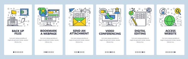 Telas de onboarding do site. Arquivos e serviços de computador. Modelo de banner vetorial de menu para site e desenvolvimento de aplicativos móveis. Design moderno arte linear ilustração plana . —  Vetores de Stock