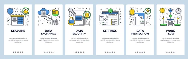 Веб-сайт на экранах. Обмен данными, синхронизация и защита. Шаблон векторного баннера меню для веб-сайта и разработки мобильных приложений. Современная линейная художественная плоская иллюстрация . — стоковый вектор