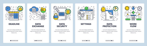 Web site onboarding screens. Data exchange, sync and protection. Menu vector banner template for website and mobile app development. Modern design linear art flat illustration.
