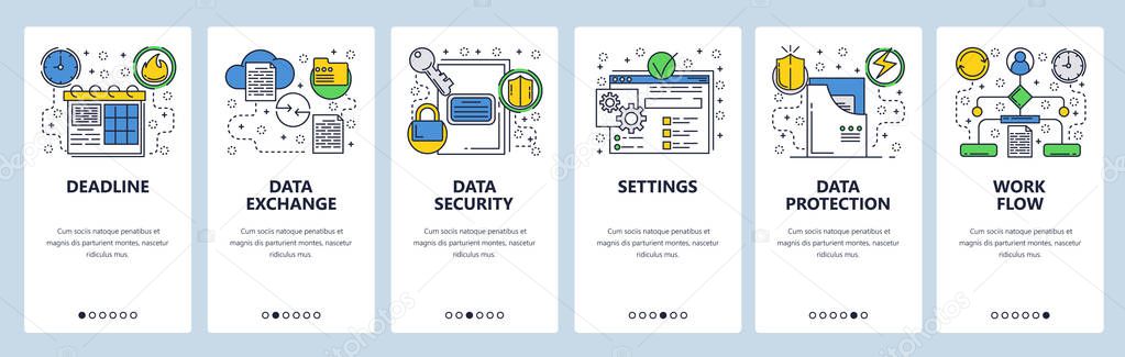 Web site onboarding screens. Data exchange, sync and protection. Menu vector banner template for website and mobile app development. Modern design linear art flat illustration.