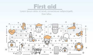 Vektör ince çizgi çizimleri ilk yardım poster afiş şablonu