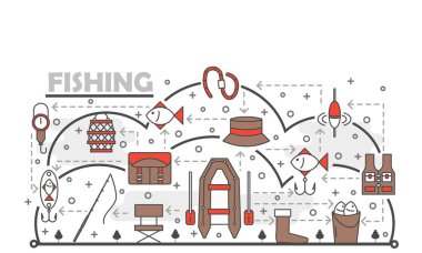 Vektör ince çizgi çizimleri balıkçılık poster afiş şablonu