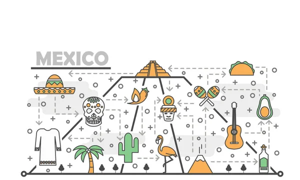 Vector linha fina arte mexico cartaz banner template — Vetor de Stock