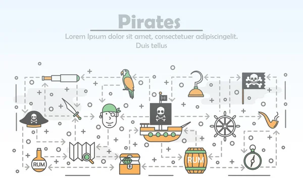 Wektor cienka linia sztuki Piraci plakat szablon transparent — Wektor stockowy