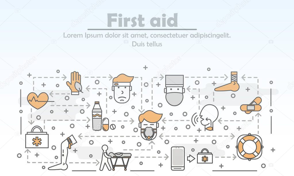 First aid advertising vector poster banner template. Head and leg injuries, hospital stretcher, first aid kit, medication etc. Rescue, emergency help thin line flat icons for web, printed materials