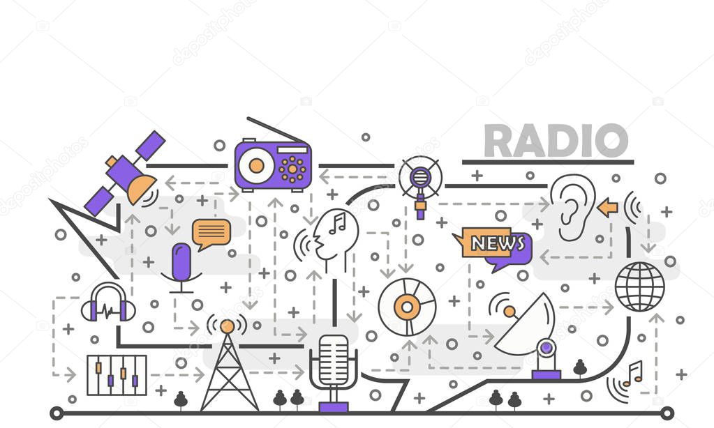 Vector thin line art radio poster banner template