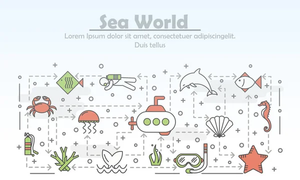 Mall för vektor tunn linje konst havet världen affisch-banner — Stock vektor