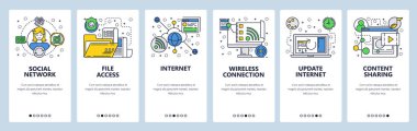 Web sitesi onboarding ekranlar. Internet ve küresel ağ hizmetleri. Kablosuz bağlantı ve belge erişim. Menü vektör banner şablon web sitesi ve mobil uygulama geliştirme için. Modern tasarım doğrusal sanat