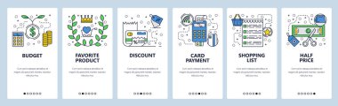 Web sitesi onboarding ekranlar. Alışveriş, satış ve kablosuz kredi kartı ile ödeme. Menü vektör banner şablon web sitesi ve mobil uygulama geliştirme için. Modern tasarım doğrusal sanat düz illüstrasyon.