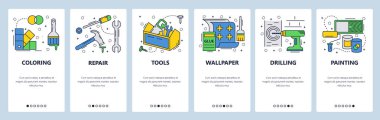 Web sitesi onboarding ekranlar. Donanım araçları, ev onarım, duvar kağıdı, boya. Menü vektör banner şablon web sitesi ve mobil uygulama geliştirme için. Modern tasarım doğrusal sanat düz illüstrasyon.