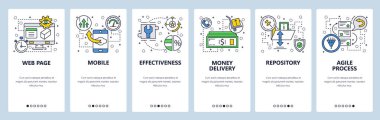 Web sitesi onboarding ekranlar. Depo, çevik işlem. Menü vektör banner şablon web sitesi ve mobil uygulama geliştirme için. Modern tasarım doğrusal sanat düz illüstrasyon.