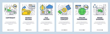 Web sitesi onboarding ekranlar. Dosya erişim ve indir, açık klasör özgün marka. Menü vektör banner şablon web sitesi ve mobil uygulama geliştirme için. Modern tasarım doğrusal sanat düz illüstrasyon.