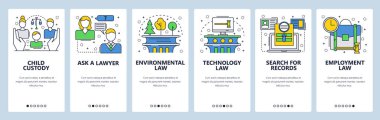 Web sitesi onboarding ekranlar. Aile, teknolojisi, çevre hukuku, mahkeme kayıtları. Menü vektör banner şablon web sitesi ve mobil uygulama geliştirme için. Modern tasarım doğrusal sanat düz illüstrasyon.