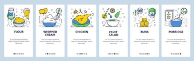 Web sitesi onboarding ekranlar. Kahvaltı yemek, tavuk, meyve salatası, pasta, yulaf lapası. Menü vektör banner şablon web sitesi ve mobil uygulama geliştirme için. Modern tasarım doğrusal sanat düz illüstrasyon.
