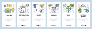 Web sitesi onboarding ekranlar. Mutfak ve pişirme cihazı. Menü vektör banner şablon web sitesi ve mobil uygulama geliştirme için. Modern tasarım doğrusal sanat düz illüstrasyon.