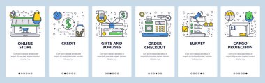 Web sitesi onboarding ekranlar. Online mağaza, nakit terminal, gözden geçirin ve teslimat simgeler paketi. Menü vektör banner şablon web sitesi ve mobil uygulama geliştirme için. Modern tasarım doğrusal sanat düz