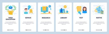 Web sitesi onboarding ekranlar. Eğitim, lise ve üniversite simgeler. Menü vektör banner şablon web sitesi ve mobil uygulama geliştirme için. Modern tasarım doğrusal sanat düz illüstrasyon.