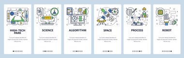 Web sitesi onboarding ekranlar. Teknoloji, endüstriyel robot, bilim ve uzay. Menü vektör banner şablon web sitesi ve mobil uygulama geliştirme için. Modern tasarım doğrusal sanat düz illüstrasyon.
