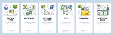Web sitesi onboarding ekranlar. Finans, bankacılık, yatırım, para akışı. Menü vektör banner şablon web sitesi ve mobil uygulama geliştirme için. Modern tasarım doğrusal sanat düz illüstrasyon.