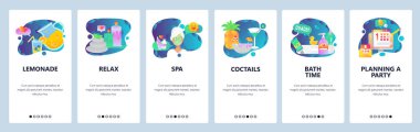 Web sitesi onboarding ekranlar. Spa ve sağlıklı yaşam merkezi, parti ve kokteyller. Menü vektör banner şablon web sitesi ve mobil uygulama geliştirme için. Modern tasarım doğrusal sanat düz illüstrasyon.