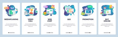 Web sitesi onboarding ekranlar. Sosyal medya, online sohbet, görüntülü arama, Seo ve pazarlama promosyon, online alışveriş. Menü vektör banner şablon web sitesi ve mobil uygulama geliştirme için. Modern tasarım