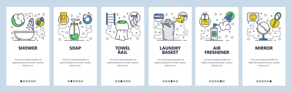 Webseite auf Bordbildschirmen. Badezimmer-Accessoires, Dusche, Seifenspender und Deo. Menüvektorbanner-Vorlage für die Entwicklung von Webseiten und mobilen Apps. modernes Design lineare Kunst flache Illustration. — Stockvektor