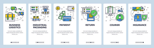 Web site onboarding screens. Business logistics, packaging and delivery. Menu vector banner template for website and mobile app development. Modern design linear art flat illustration