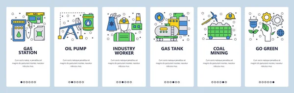 Telas de onboarding do site. Indústria de energia elétrica, posto de gasolina e bomba de óleo. Modelo de banner vetorial de menu para site e desenvolvimento de aplicativos móveis. Design moderno arte linear ilustração plana . —  Vetores de Stock